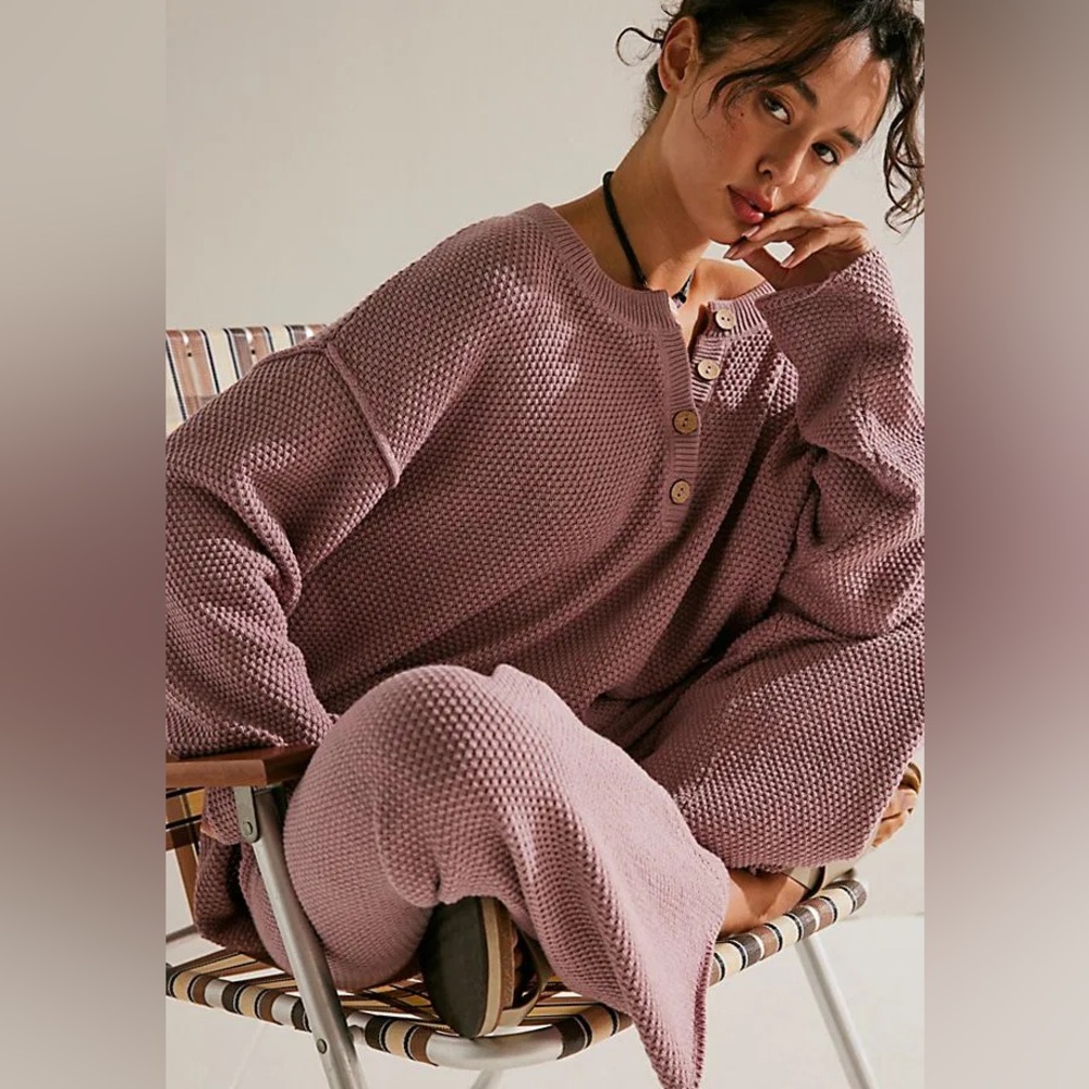 Free People Mauve Waffle Knit Henley Sweatshirt